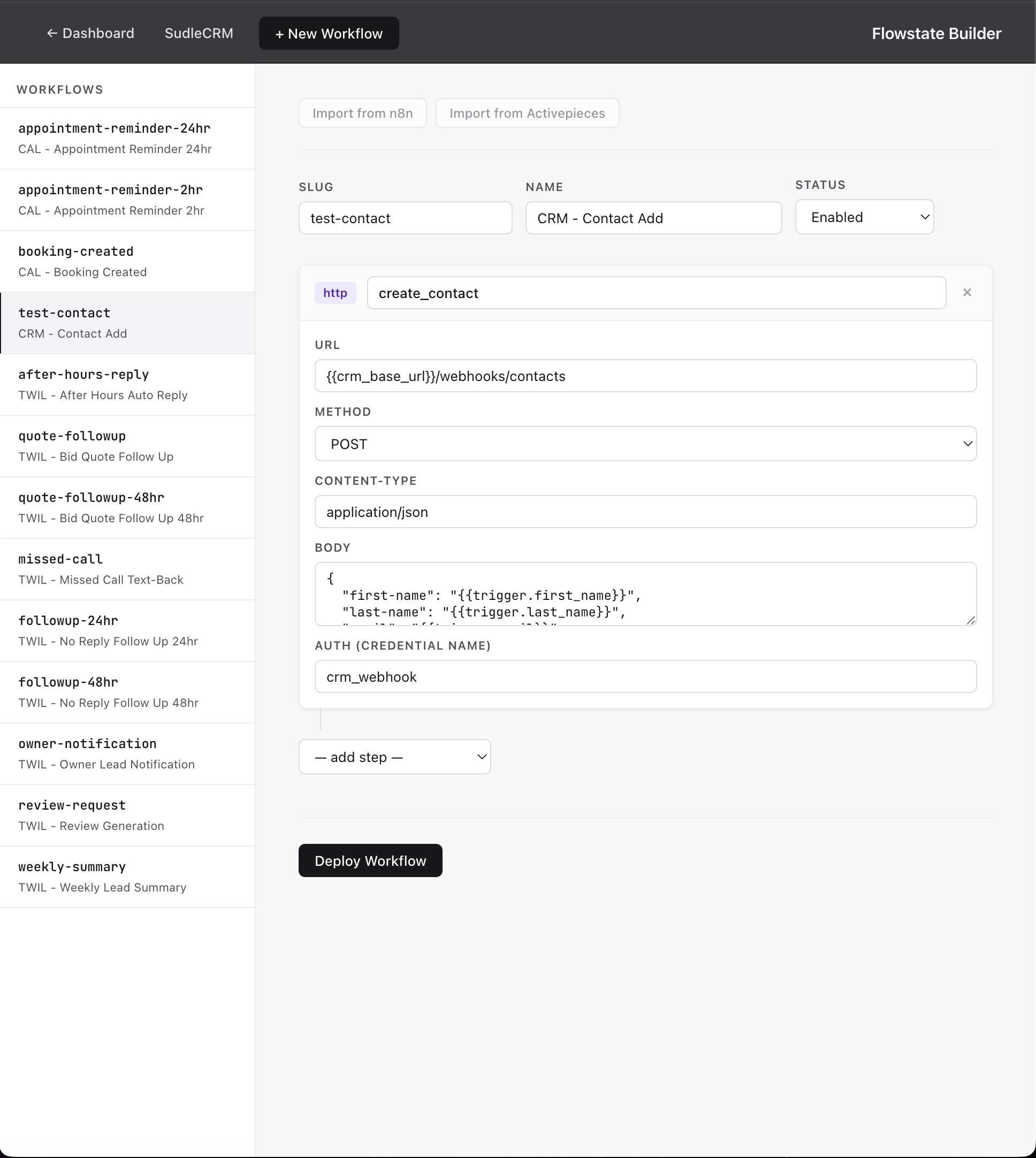 Flowstate builder — example workflow shown for illustration; your instance starts empty